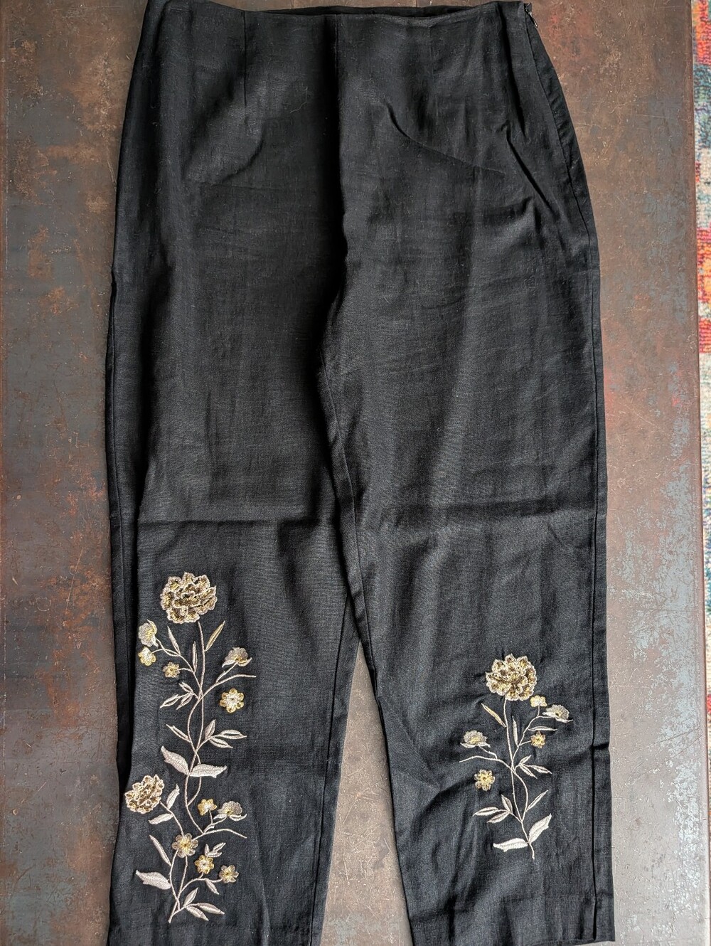 Black Linen Blend Pants with Gold Floral Embroidery